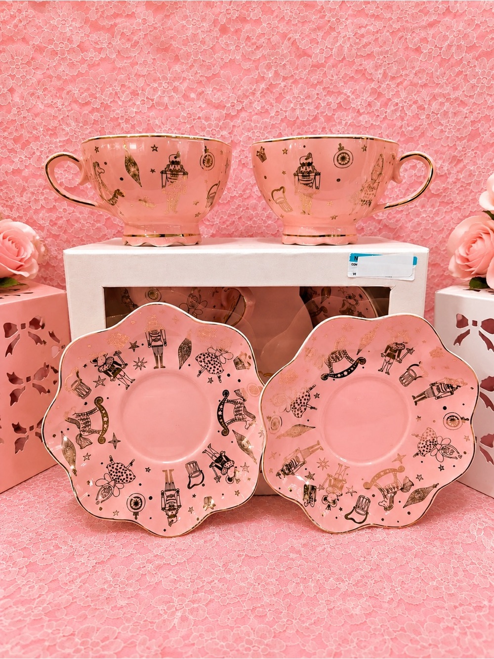 Park Château Pink Nutcracker Gold Trim Tea Set 2 Cups 2 Saucers Boxed Gift NWT